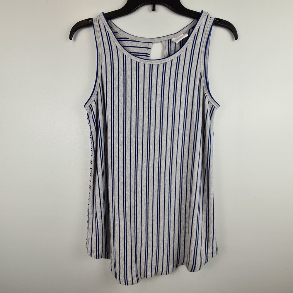 CAbi Ticker Tee‎ #5569 Gray Blue Striped Tank Top Soft Small Keyhole Back Sporty
